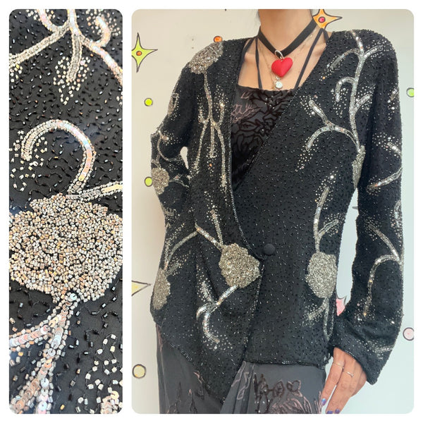Vintage 80s/90s Black Beaded Blazer Silver Sequins Boho Glam Saks Fifth Avenue L