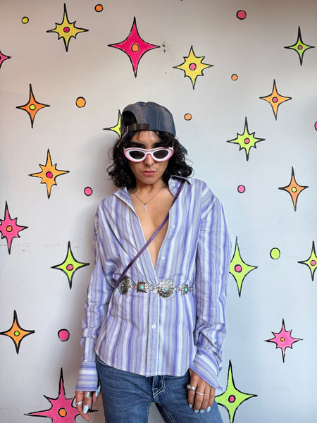 Y2K Purple Pinstripe Shirt Fairy Goth Mall Goth Indie Sleaze Grunge L/XL