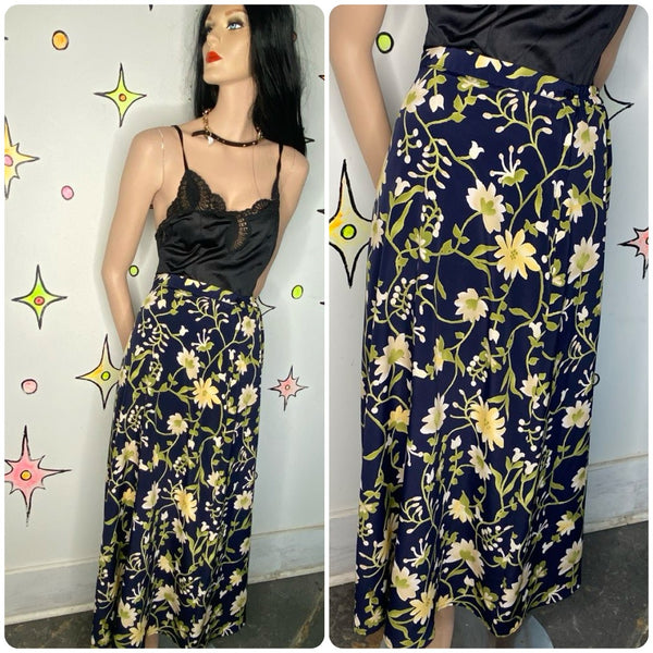 Vintage 90s Floral Maxi Skirt | Fairy Grunge Whimsy Goth Boho Skirt - L