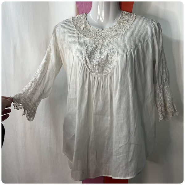 Antique 1900s | White Sheer Embroidered Art Deco Babydoll Steampunk Blouse | S