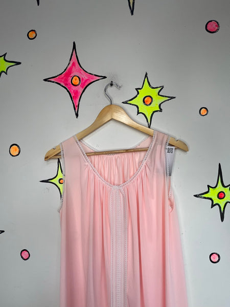 Vintage 50s 60s Pink Lace Nylon Slip Dress | Retro Babydoll Nightgown Lingerie L