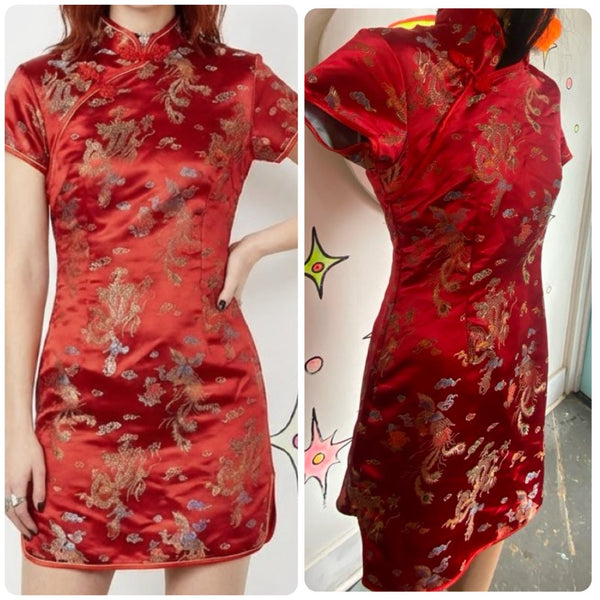 Vintage Red & Gold Satin Cheongsam Mini Dress Dragon Print Y2K Asian Inspired XL