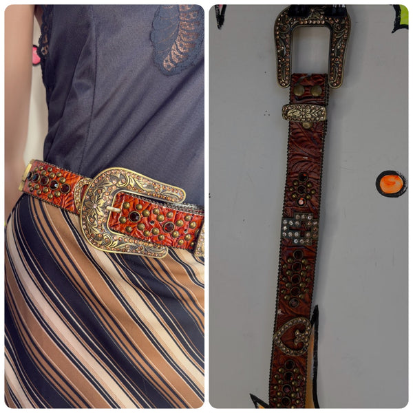 Y2K Rhinestone Studded Cowhide Leather Belt Western Cowgirl Bling Statement Belt