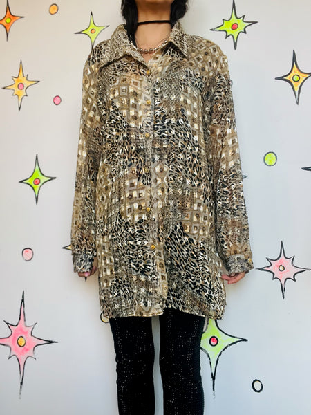 Vintage 90s Y2K Leopard Patchwork Sheer Blouse – Boho Grunge Glam Button-Up - XL