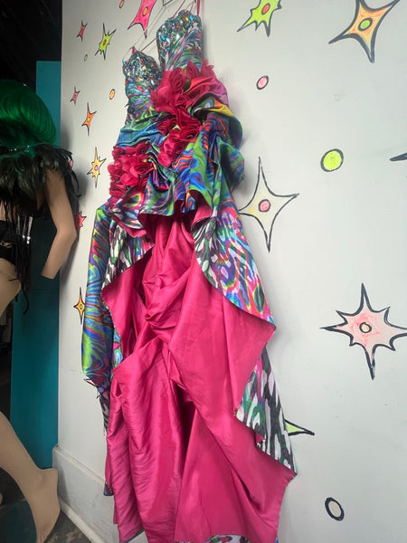 Y2K Bejeweled Peacock Prom Dress Maximalist Rainbow Hi-Low Glam Gown S