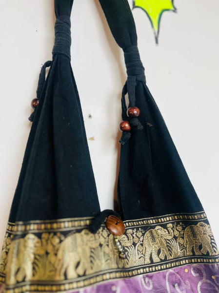 Vintage Beaded Black Gold & Purple Boho Fairy Grunge Tote Bag - Elephant Print