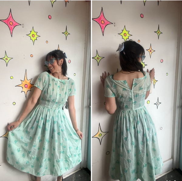Vintage 1950s Jeanne d’Arc Mint Turquoise Cotton Fit & Flare Twirl Dress S