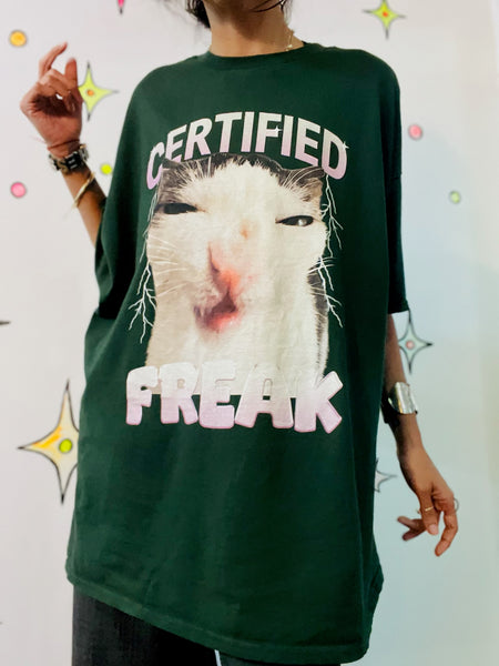 90s Y2K Certified Freak Kitty Cat Funny Graphic Tee Green 2XL