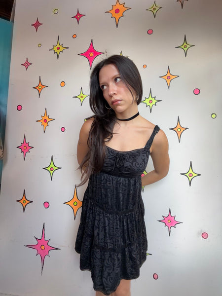 Betsey Johnson Black Velvet Babydoll Dress Whimsy Goth Romantic Grunge Y2K M