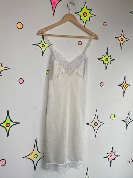 White Lace Trim Slip Dress Vintage Coquette Babydoll Lingerie - Small