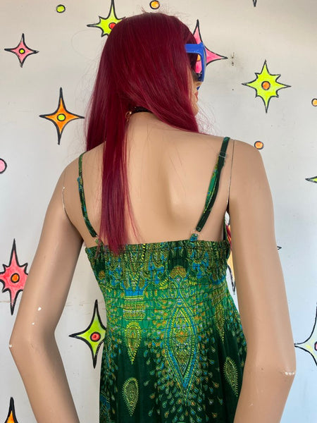 Boho Forest Green Paisley Fairy Slip Dress Whimsigoth Grunge Ethereal S