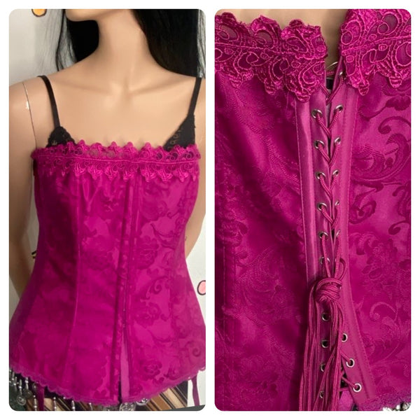 Fredericks of Hollywood Fuchsia Corset Top Y2K Fairy Grunge Damask Babydoll Bustier