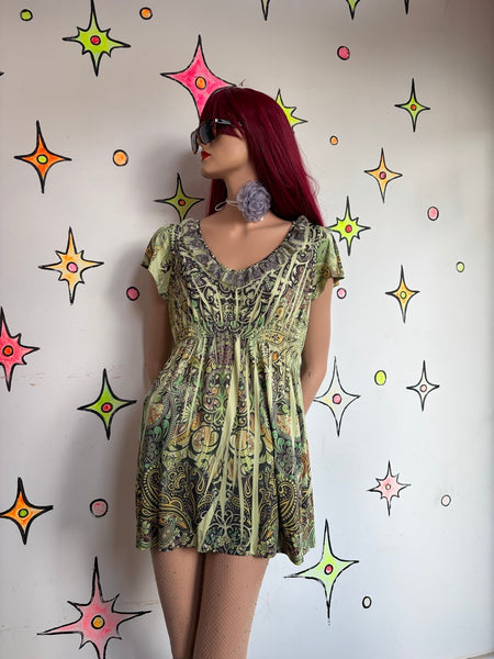 Y2K Moss Green Tattoo Print Ed Hardy Inspired Mall Goth Tunic Mini Dress | M/L