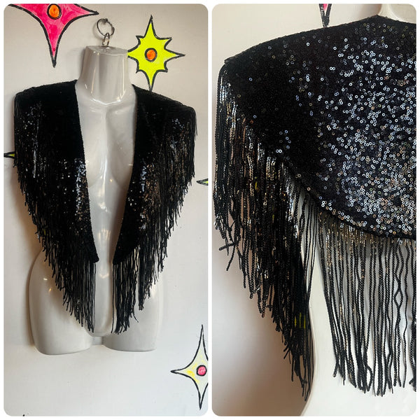 Retro Western Cape Embellished Black Sequin Fringe Collar