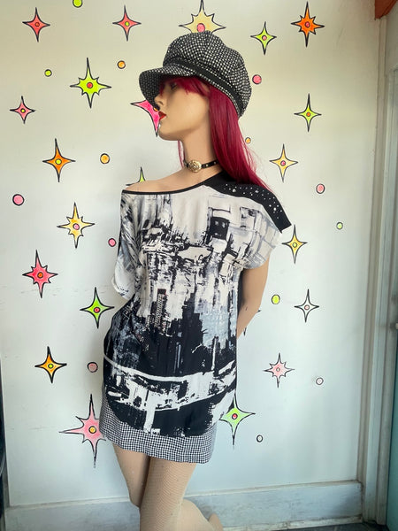 Y2K Graphic Skyline Top Oversized Indie Sleaze McBling Retro Club Glam L/XL