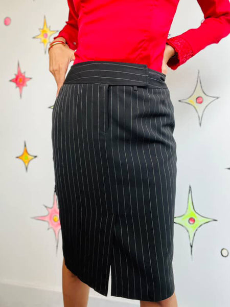 90s Y2K Black Pinstripe Pencil Skirt – Preppy Office Goth Academia – 8 Petite