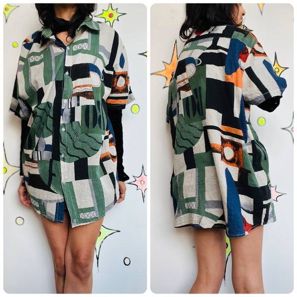 Vintage 80s 90s | Men’s Abstract Wearable Art Retro Party Shirt | 100% Cotton XL
