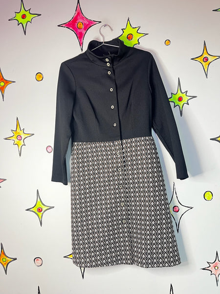 Vintage 60s 70s | Black & Brown Mod GoGo Geometric Turtleneck Mini Dress | M