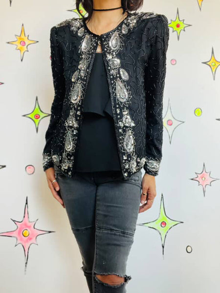 Vintage 80s Black & Silver Sequin Beaded Pirate Glam Rock Party Jacket Size S