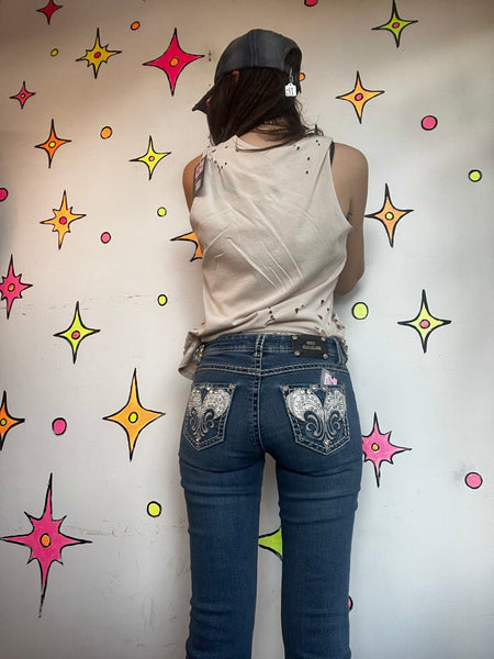 Y2K Rhinestone Denim Flare Jeans Low Rise Embellished Indie Sleaze McBling XS