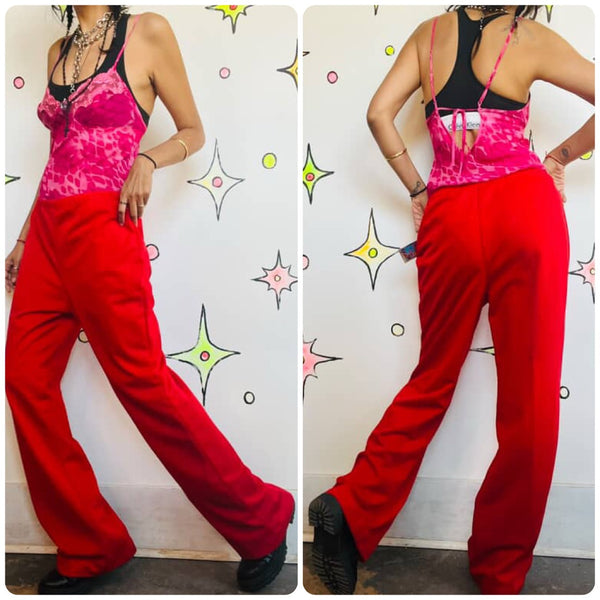 Vintage 70s Cherry Red Disco Bellbottom Pants – Groovy Polyester Wide Leg – M