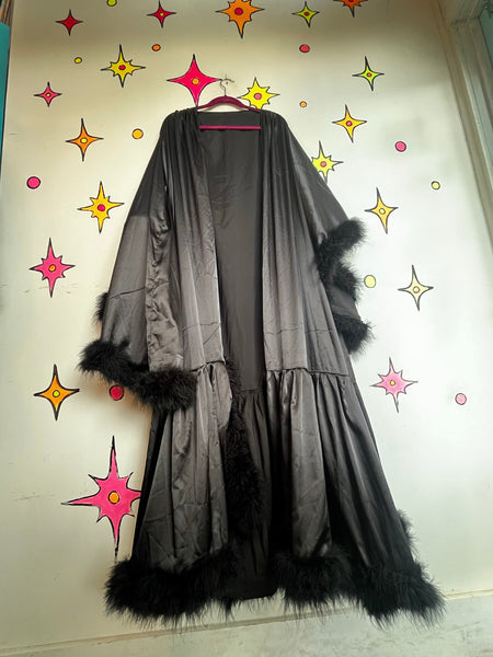 Black Feather Trim Decadent Robe Pin Up Boudoir Lingerie Old Hollywood Glam