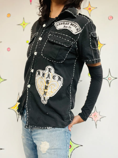 Y2K Laguna Beach Distressed Tee | Affliction Style Goth Grunge Tattoo Shirt | S