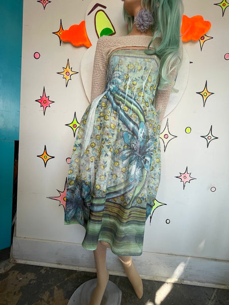 Vintage Y2K Teal Aqua Mermaid Fairy Tattoo Print Glam Whimsy Grunge Dress S