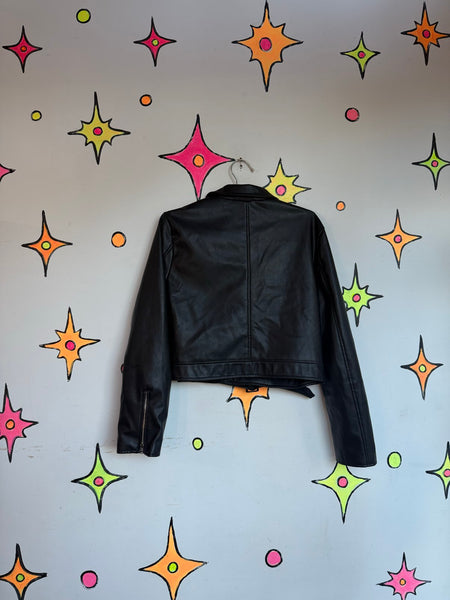Y2K Black Vegan Leather Moto Jacket Grunge Goth Rocker Biker Jacket M