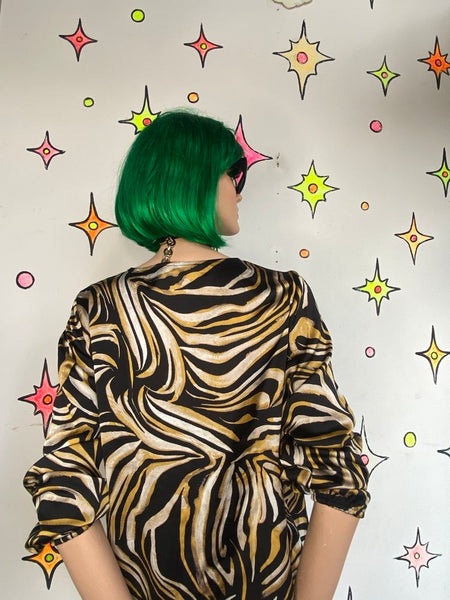 Tiger Print Blouse Balloon Sleeve Tie Neck Animal Print Evan Picone L