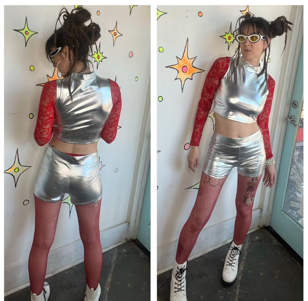 Silver Metallic Crop Top Cyber Grunge Galaxy Rave Tank Y2K Disco Future Glam L