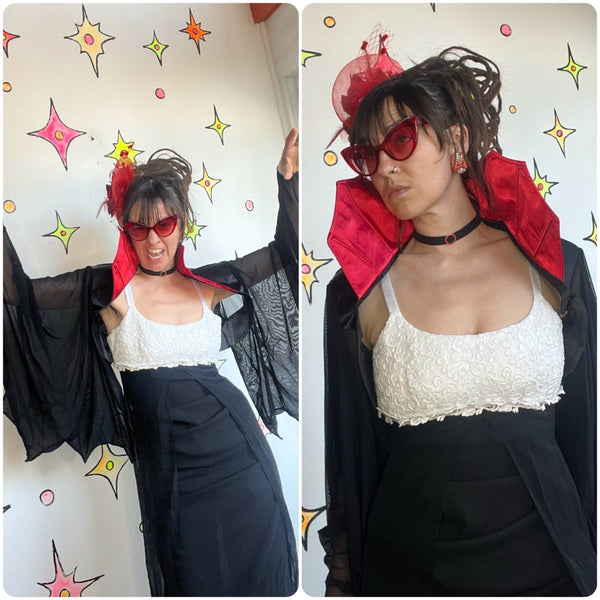 Vampire Cape with Stand Up Red Collar – Black Sheer Bat Sleeves Goth Cosplay XL