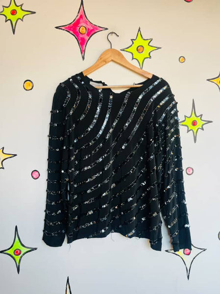 Vintage 80s 90s Black Whimsy Goth Glam Party Silk Sequin Blouse Fairy Grunge