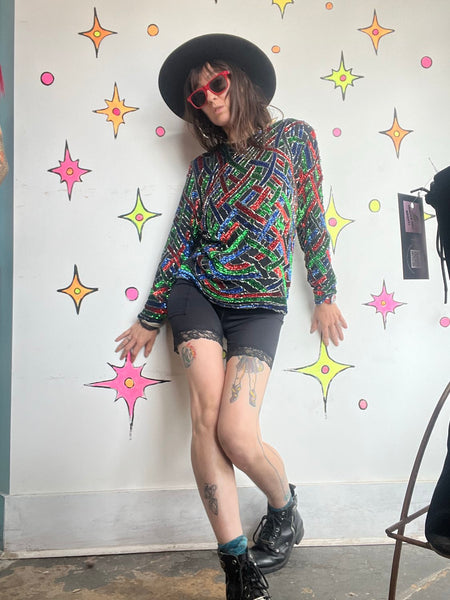 80s Rainbow Beaded Silk Top Art Deco Glam Disco Luxe Vegas Party Blouse S/M