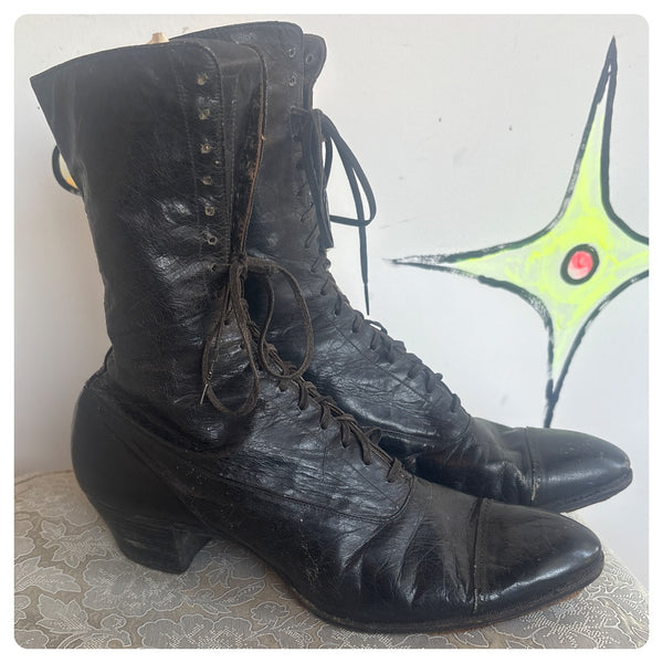 Antique Edwardian Black Leather Boots – Early 1900s Victorian US Womens 5.5–6