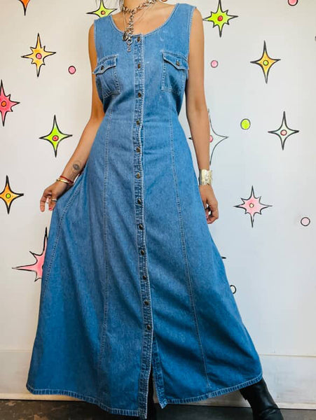Vintage 90s Denim Button-Up Maxi Dress Liz Claiborne Boho Grunge Sleeveless | XL