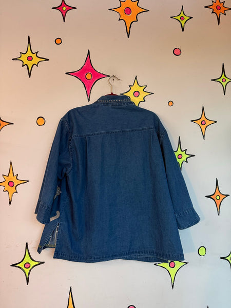 80s 90s Cat Print Shirt Embroidered Denim Button Up Kitschy Western Novelty L