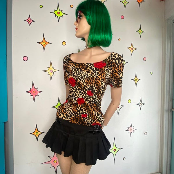 Vintage 90s Leopard & Rose Print Stretchy Square Neck Glam Grunge Top M/L
