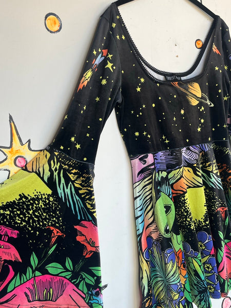 Black Velvet Alien Neon Scene Mini Dress - Bell Sleeves Rave Festival Hippie L