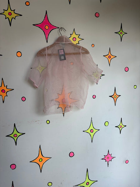 Pastel Pink Organza Sheer Bow Blouse Dollcore Victorian Balletcore Fairy Top M