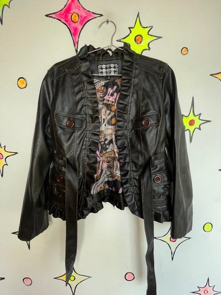 Y2K Babydoll Brown Vegan Leather Jacket – Fairy Grunge Moto Retro M/L