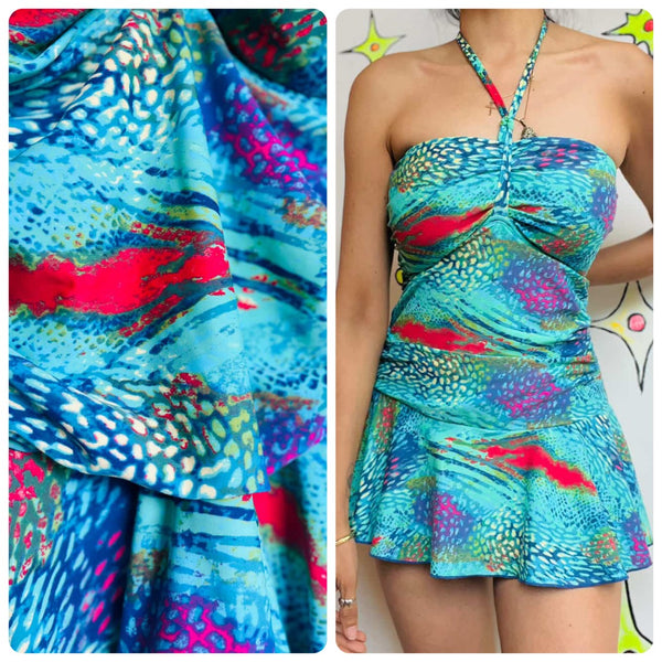 Vintage 90s Y2K Swim Dress – Blue Abstract Rainbow Snake Print One-Piece – 12