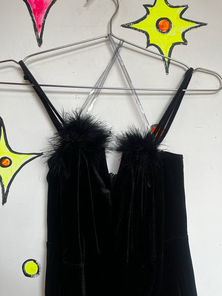 Vintage 90s Black Velvet Fairy Grunge Goth Feather Trim Mini Slip Party Dress M