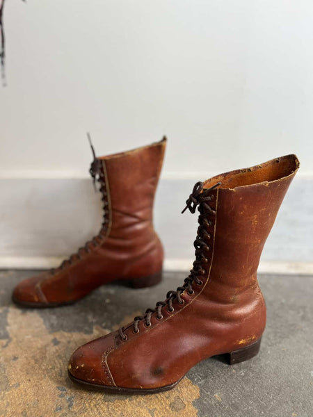 Antique 1900s Edwardian Victorian Brown Leather Lace-Up Boots – Modern 7.5–8