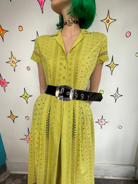 Vintage 50s Chartreuse Fit and Flare Dress | Pin Up Twirl Dress with Full Skirt M