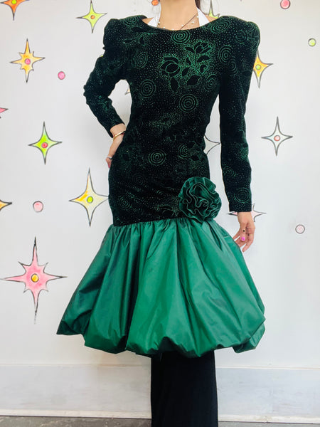 Vintage 80s Green & Black Glitter Prom Dress Poofy Bubble Hem Party Gown Size 4