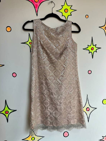 Vintage 60s 70s Light Pink & Silver Lace Mod Mini Party Dress Fairy Grunge - S