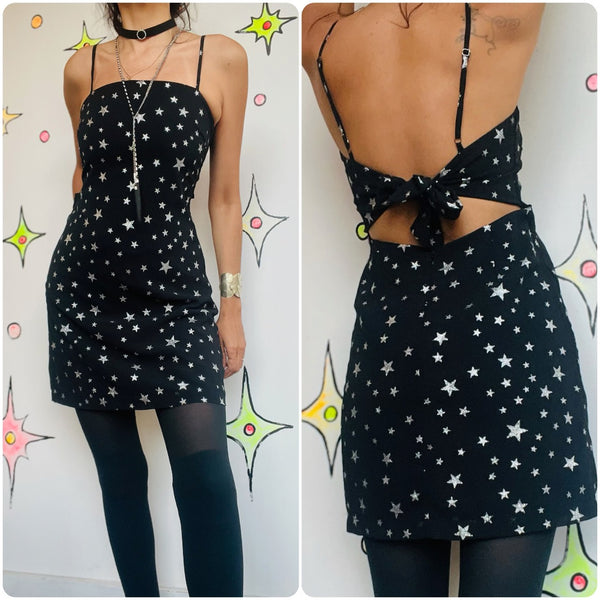 Black Party Dress Silver Stars - Y2K Witchy Fairy Goth Whimsy Celestial - M