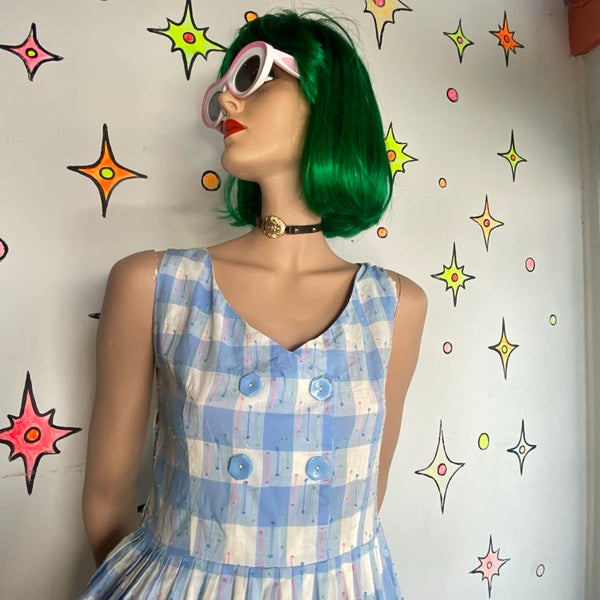 Vintage 50s Pastel Blue Fit & Flare Dress Cotton Twirl Dress Mid Century Pinup SM