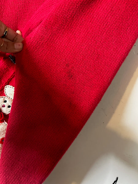 Vintage Embellished 80s 90s Red Ugly Tacky Christmas Sweater Cardigan Snowman L
